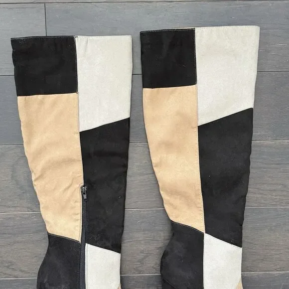 JustFab Faux Suede Patchwork Knee High Heel Boots Womens 10 Black Tan Y2K 90s - Picture 5 of 13